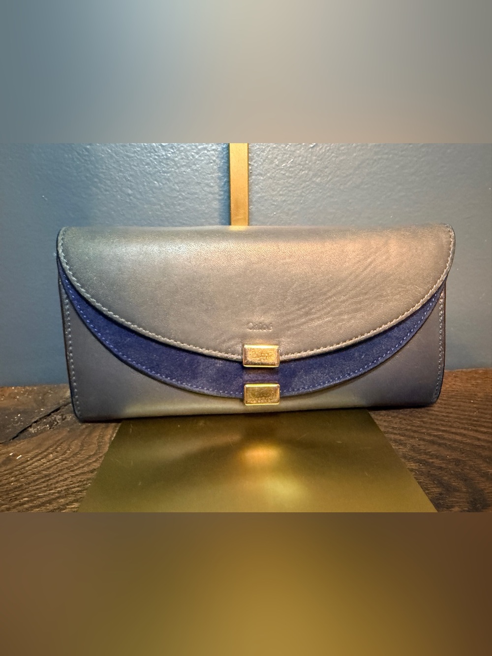 Chloe Navy and Gray Leather Double Flap Suede Wallet with Gold Hardware